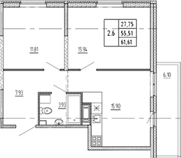 2-комнатная квартира 55.51 м², 12/22 эт., ЖК «Новые горизонты 2»